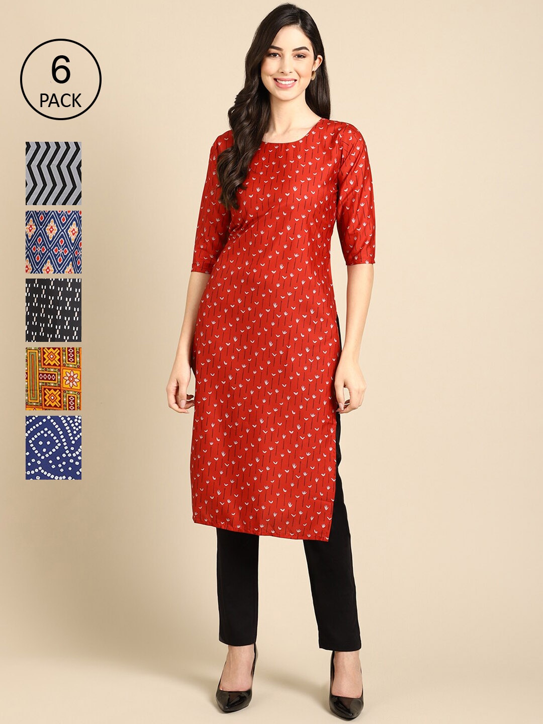 7Threads Women Pack Of 6 Printed Summer Sheers Crepe Kurta, Navy blue