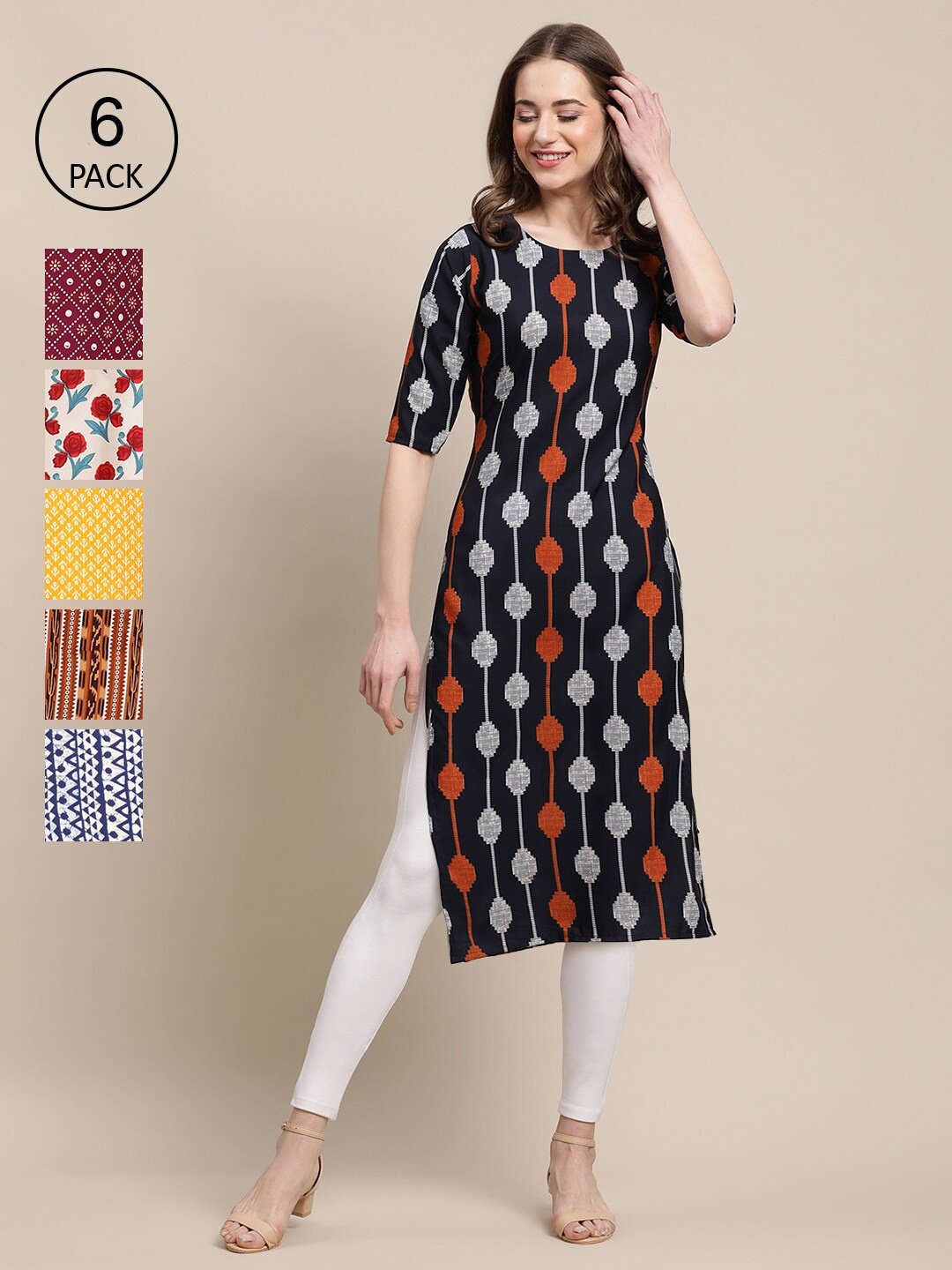 

7Threads Women Pack Of 6 Printed Summer Sheers Crepe Kurta, Black