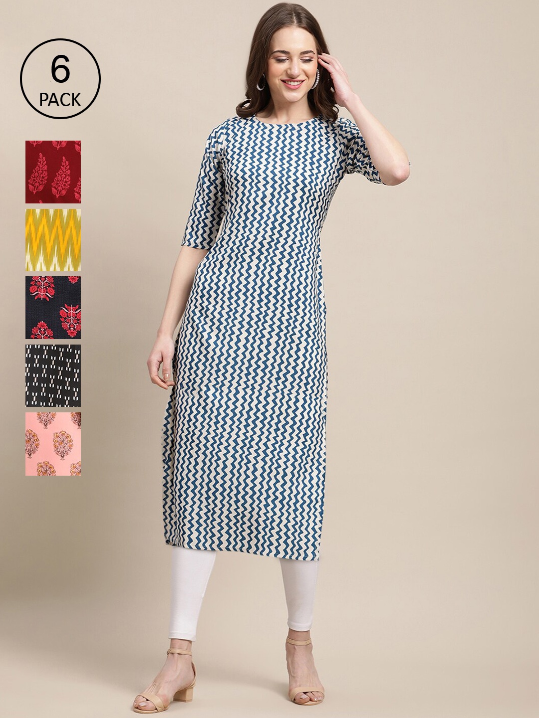 

7Threads Women Pack of 6 Geometric Checked Summer Sheers Crepe Kurta, Blue