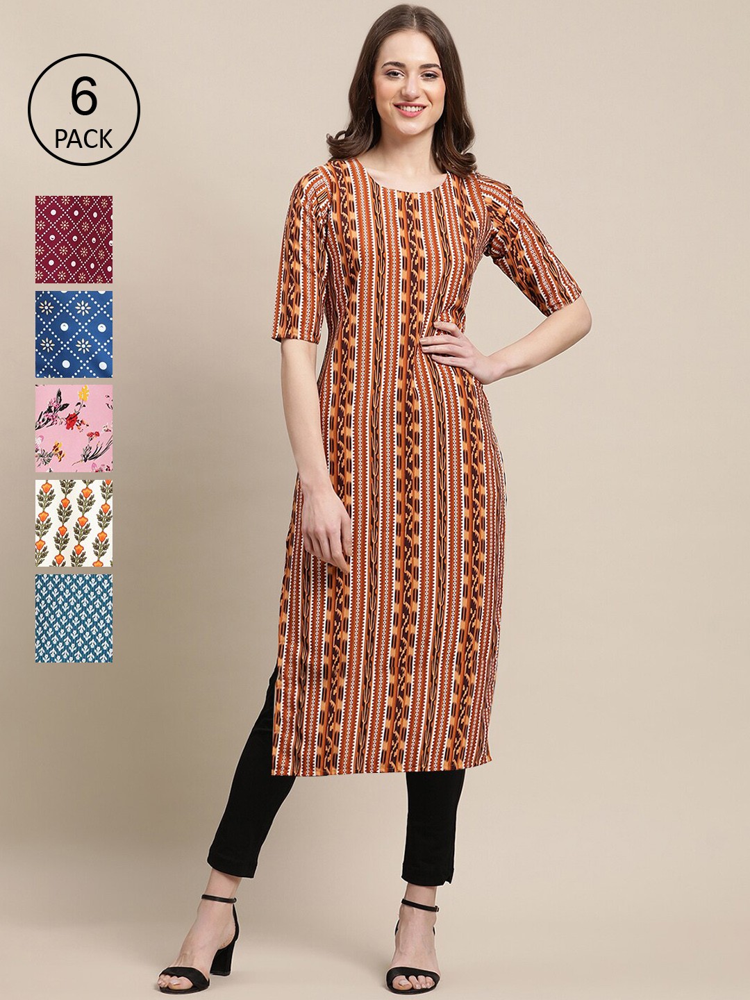 

7Threads Women Pack of 6 Geometric Printed Summer Sheers Crepe Kurta, Brown