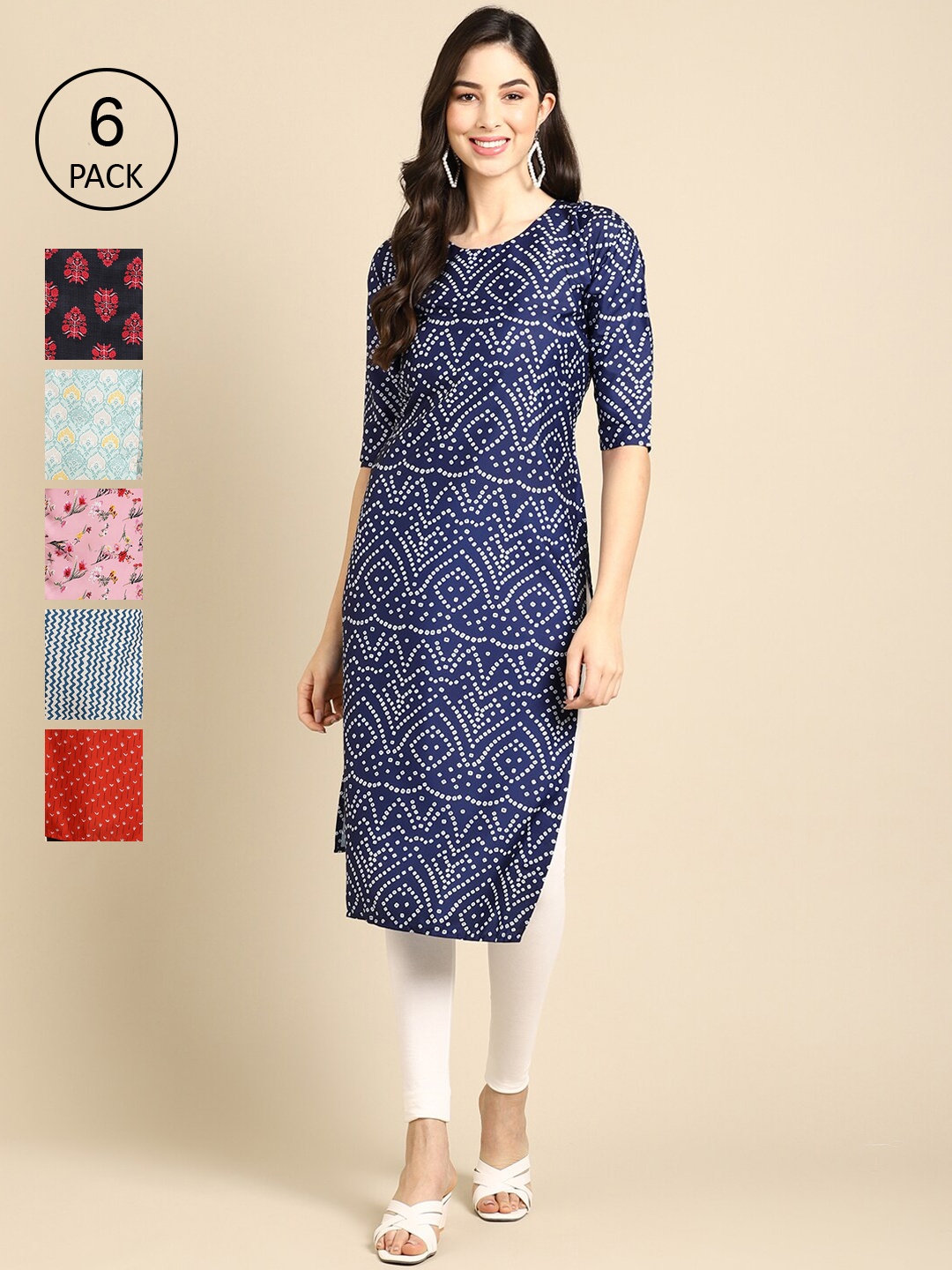 

7Threads Women Red & Blue Geometric Printed Crepe Kurta Pack of 6