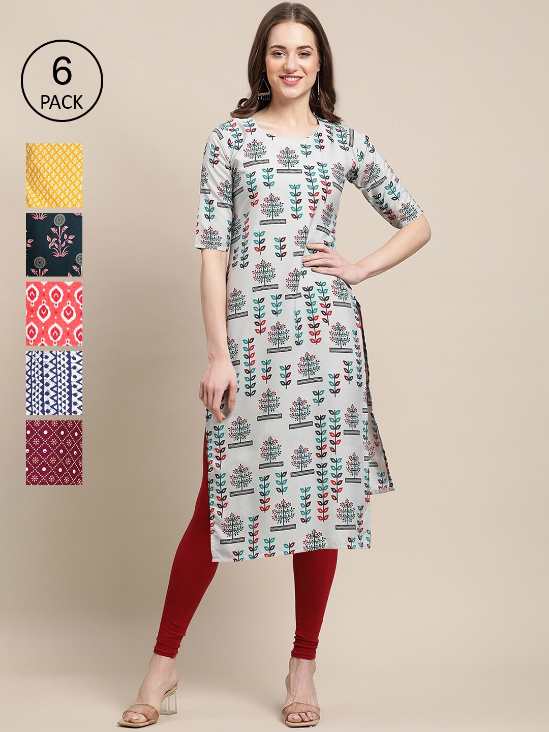 

7Threads Women Pack Of 6 Geometric Printed Block Print Crepe Kurta, Grey
