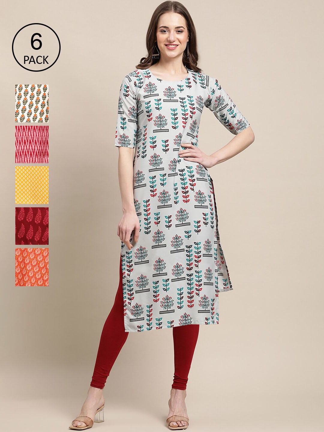 7Threads Women Pack Of 6 Geometric Printed Block Print Crepe Kurta, Grey