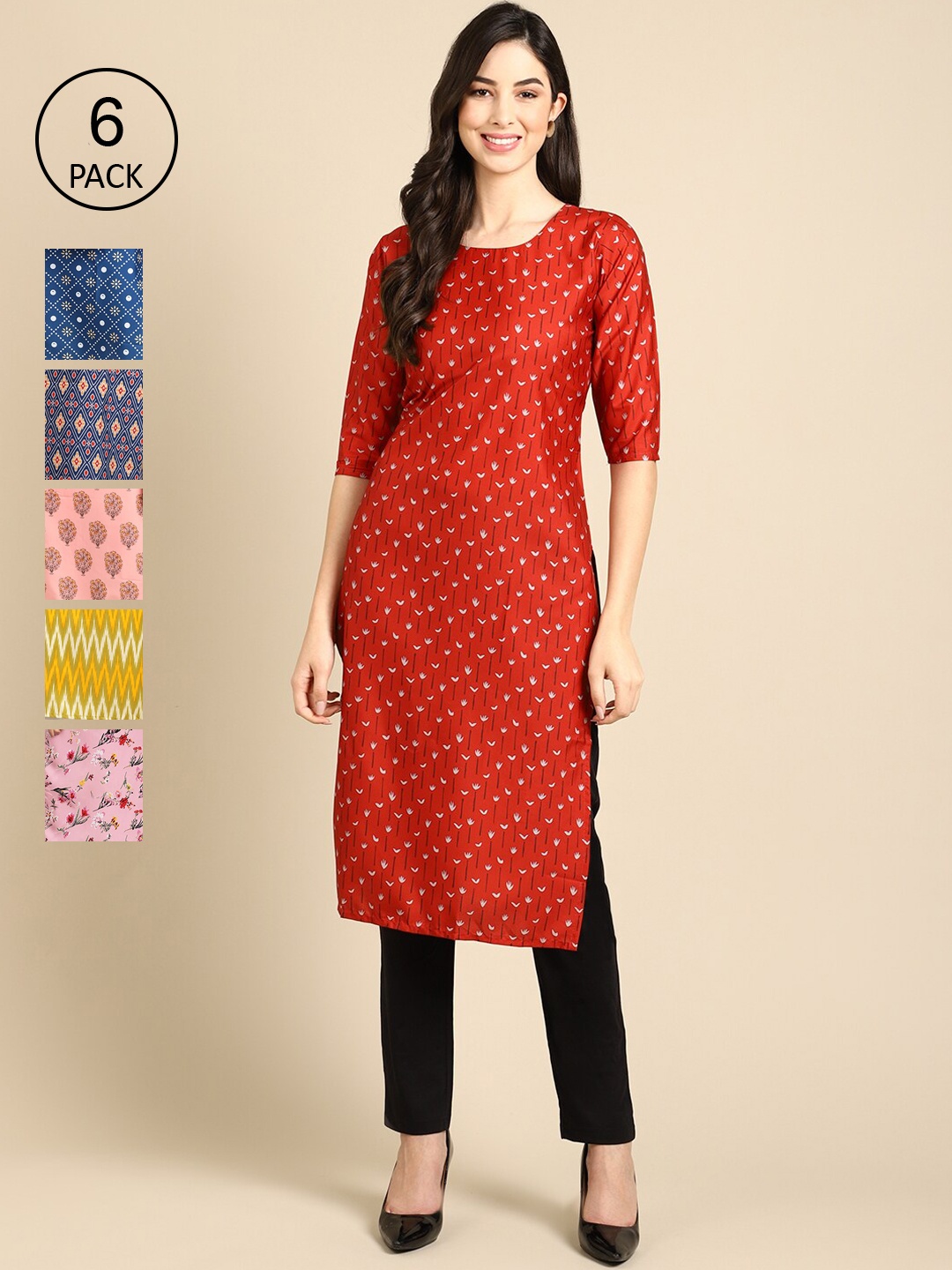 7Threads Women Pack Of 6 Geometric Printed Block Print Crepe Kurta, Red