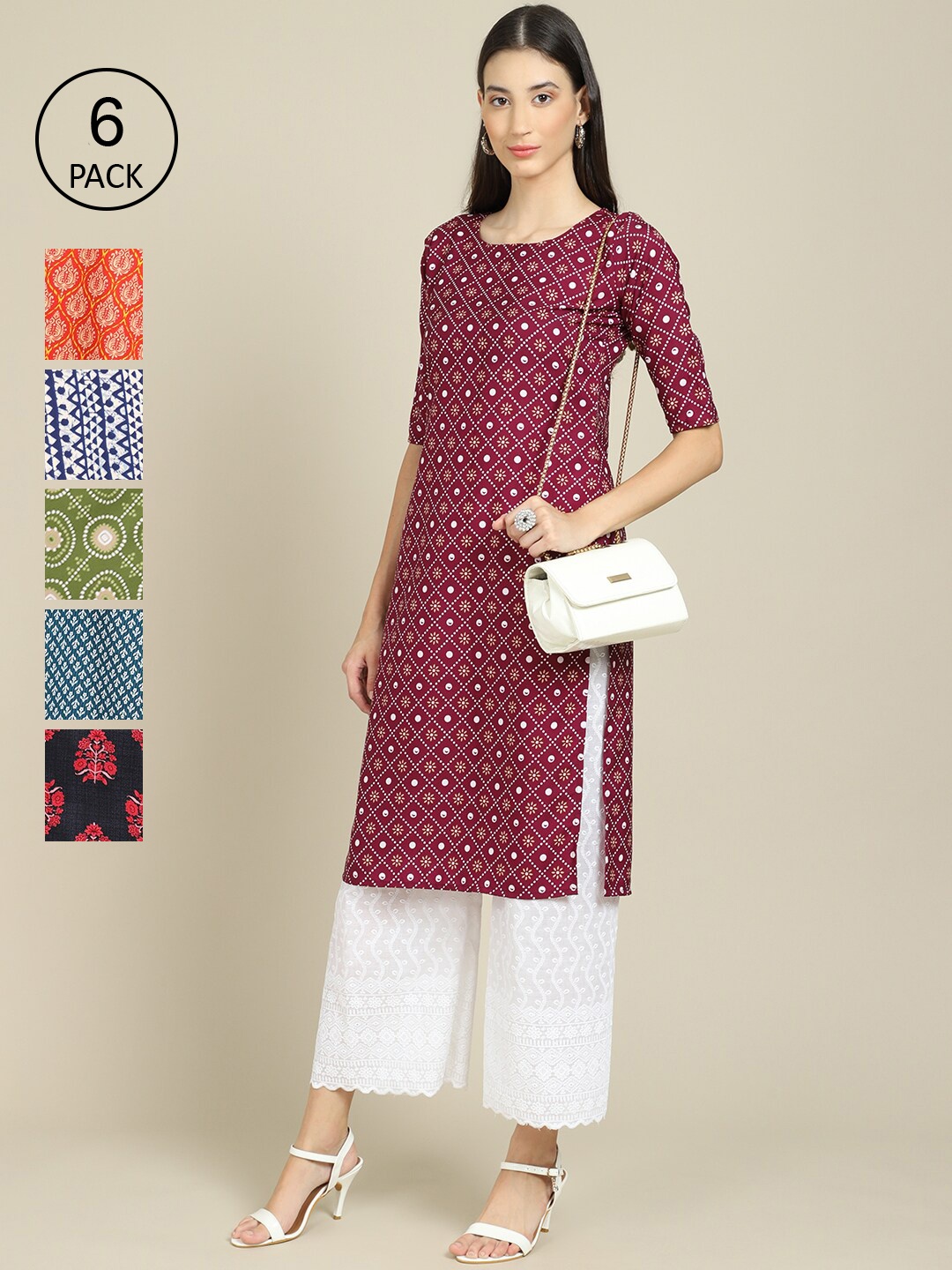 

7Threads Women's Crepe Multi Color Digital Printed Straight Kurta [PACK OF 6]