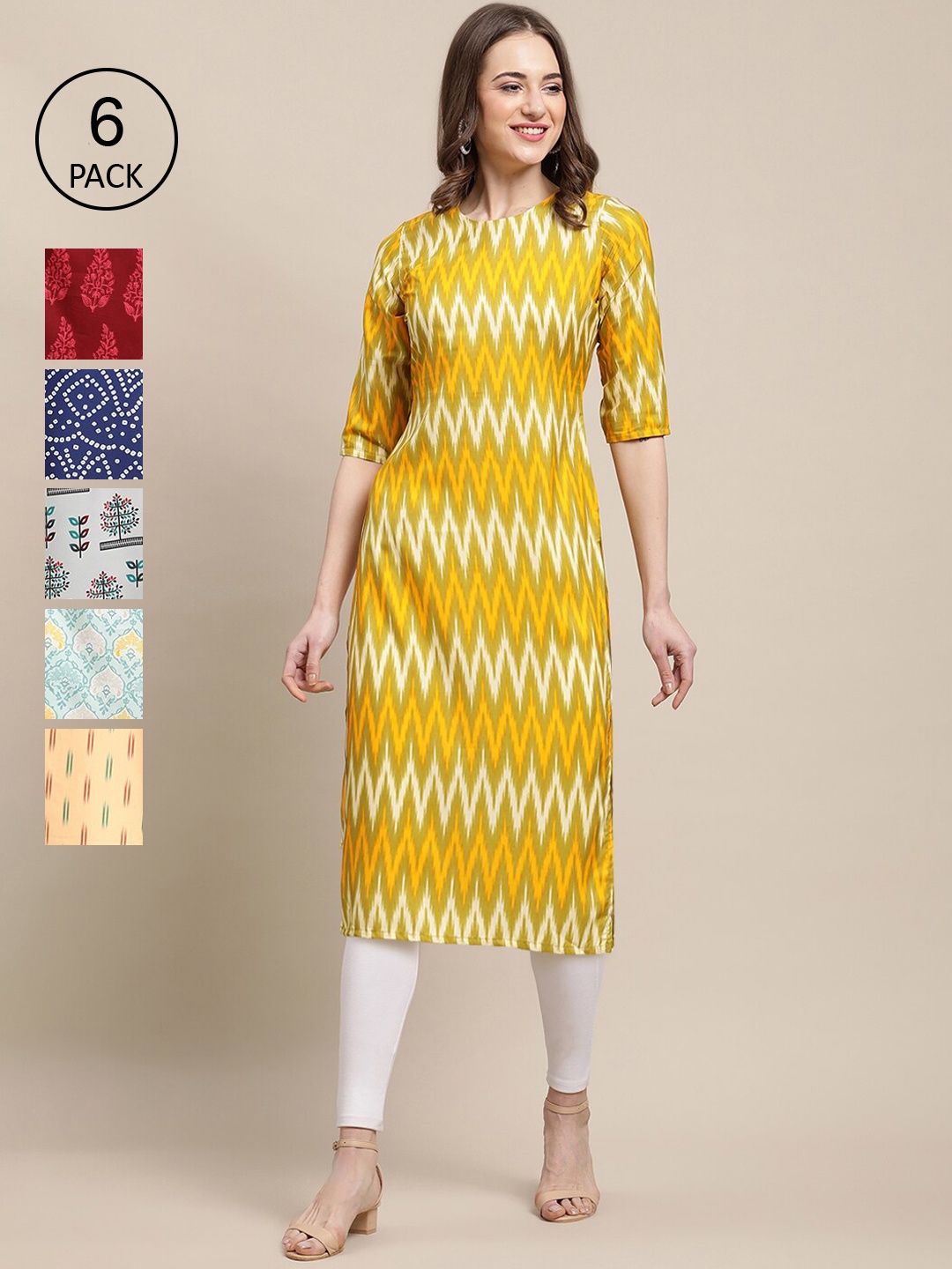 

7Threads Women Pack of 6 Digital Printed Crepe Straight Kurtas, Yellow
