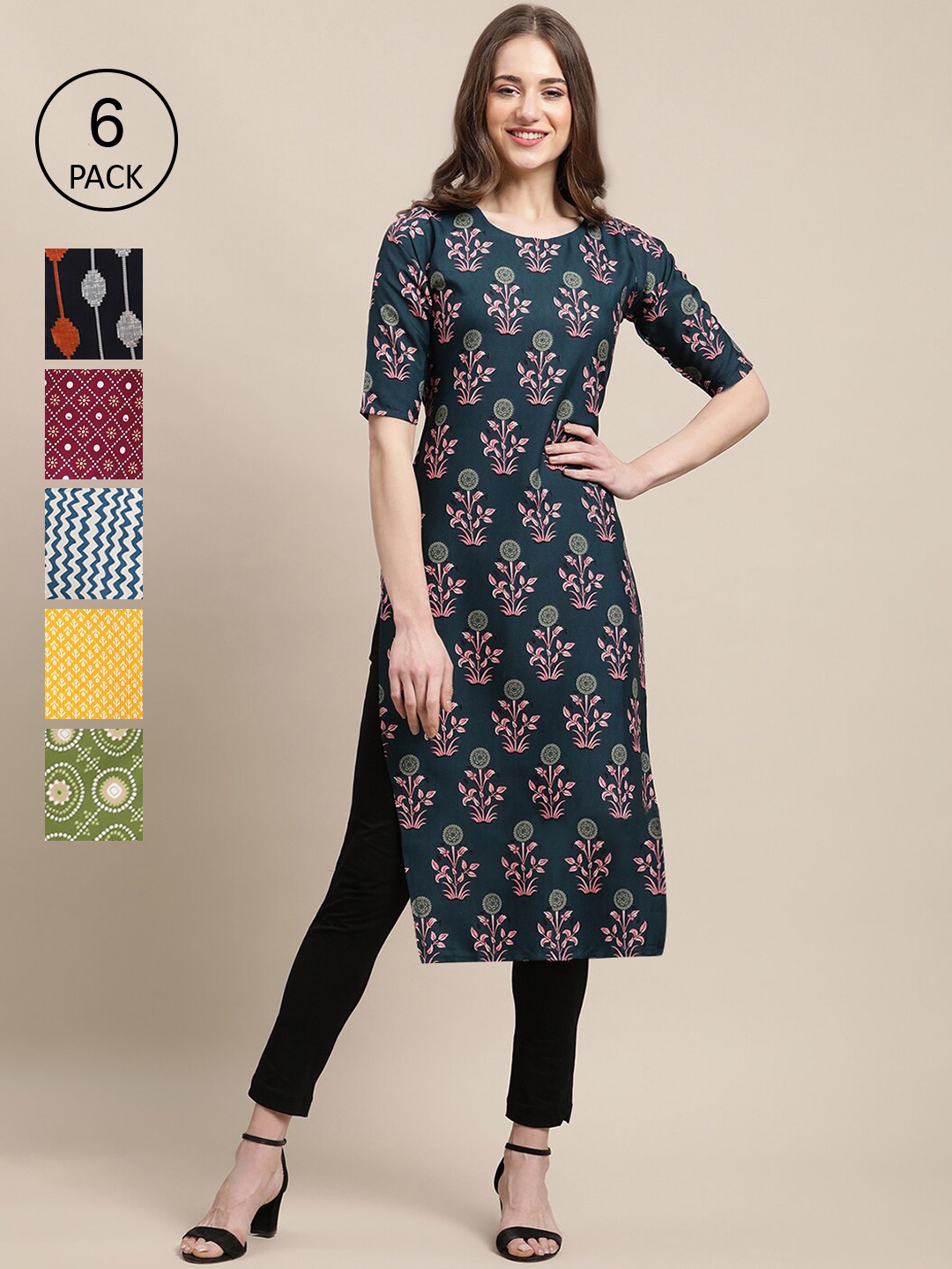 

7Threads Women Pack Of 6 Geometric Printed Summer Sheers Crepe Kurta, Blue