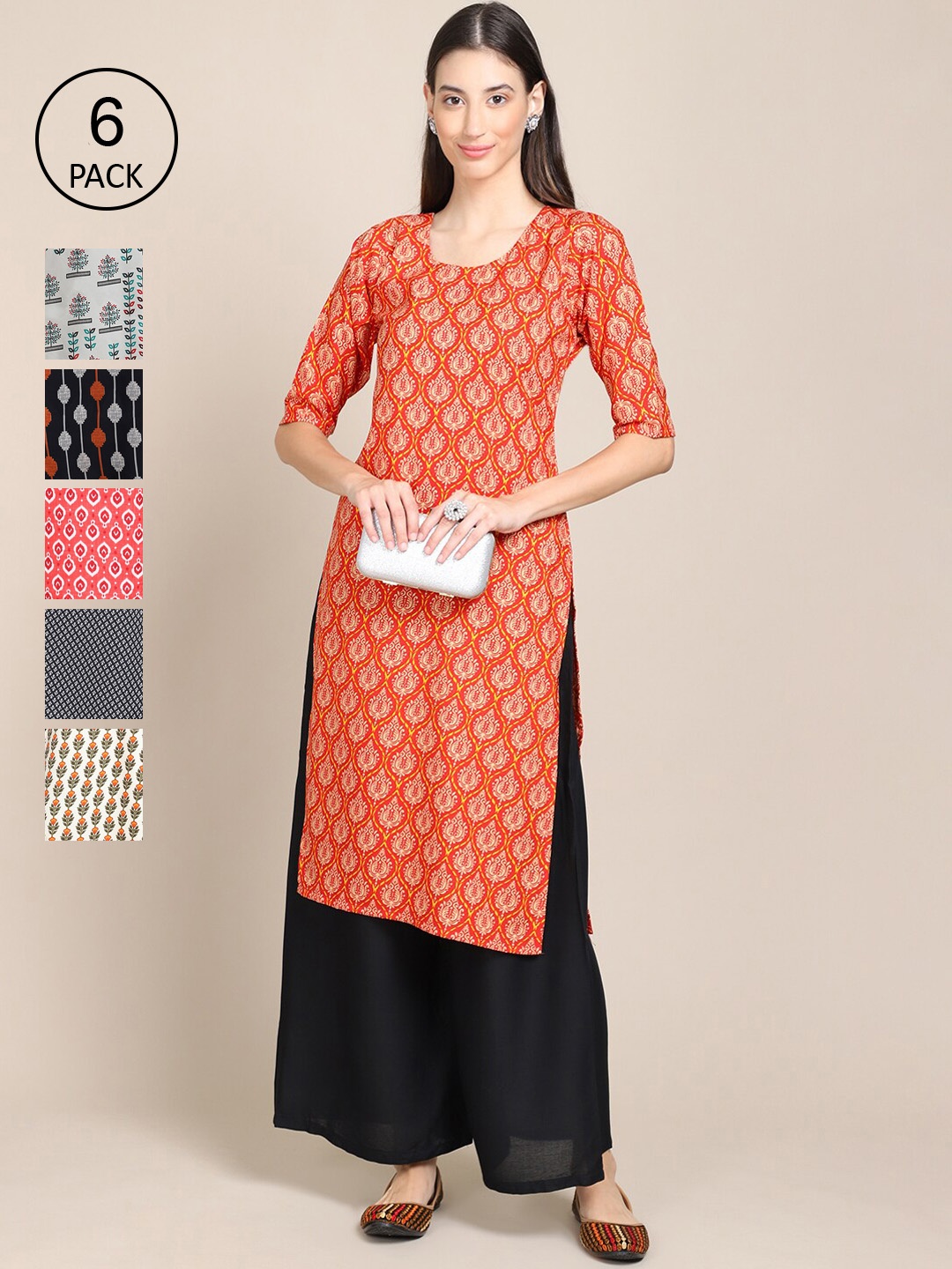 

7Threads Women Pack Of 6 Ethnic Motifs Printed Summer Sheers Crepe Kurta, Blue