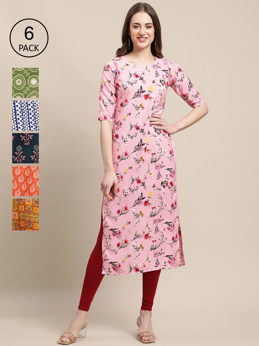 

7Threads Women Pack Of 6 Ethnic Motifs Printed Summer Sheers Crepe Kurta, Pink