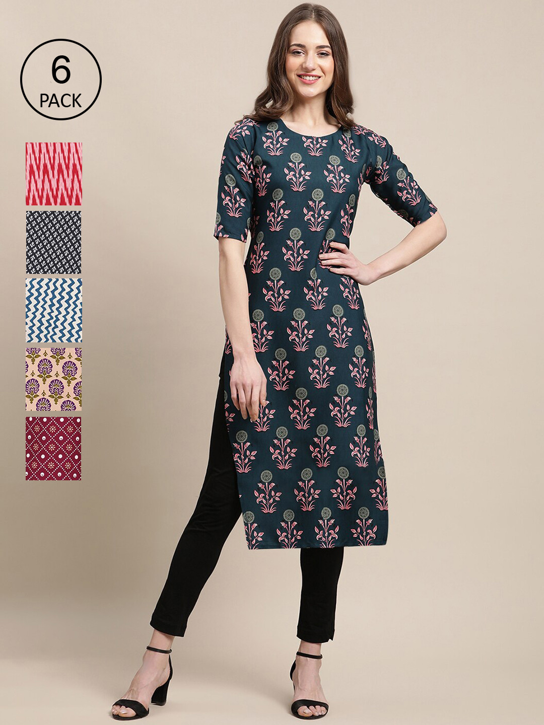 

7Threads Women Multicoloured Pack Of 6 Ethnic Motifs Printed Crepe Kurta, Multi