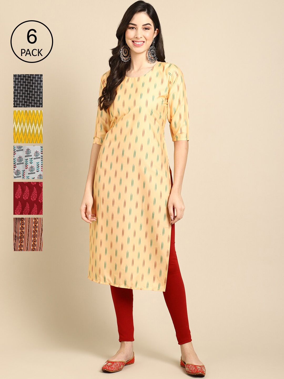7Threads Women Multicoloured Pack Of 6 Geometric Printed Crepe Kurta, Multi