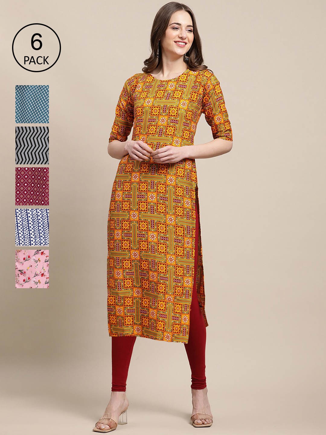 

7Threads Women Mustard Pack Of 6 Printed Summer Sheers Crepe Kurta