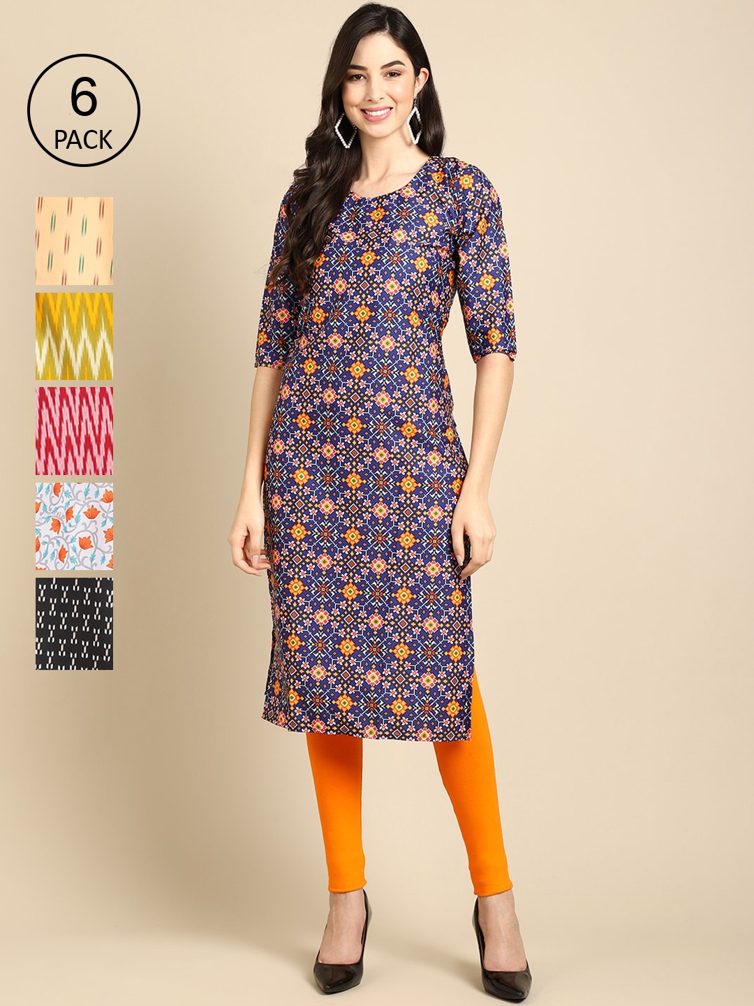 

7Threads Women Pack Of 6 Printed Summer Sheers Crepe Kurta, Mustard
