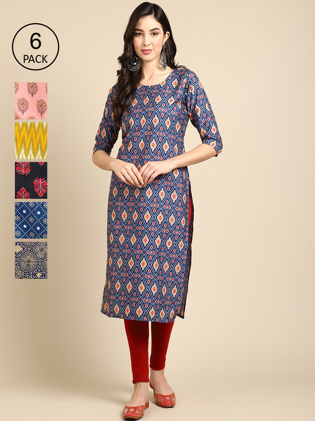 

7Threads Women Pack Of 6 Printed Summer Sheers Crepe Kurta, Blue
