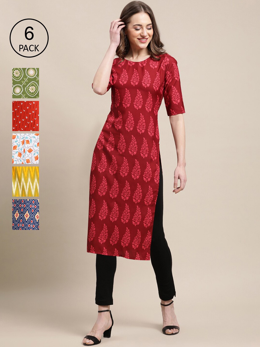 

7Threads Women Pack of 6 Ethnic Motifs Printed Crepe Kurta, Multi