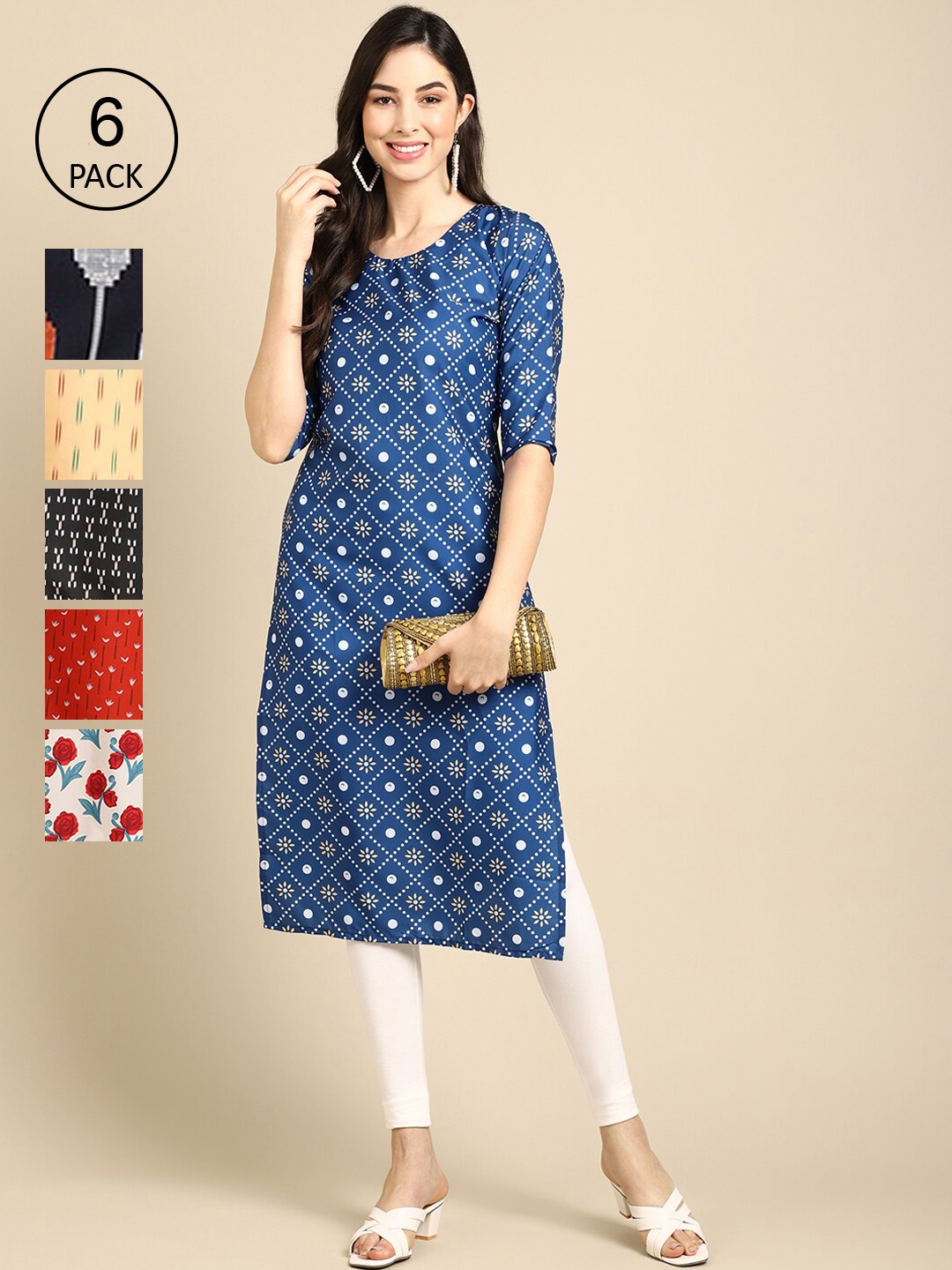 7Threads Women Pack of 6 Printed Keyhole Neck Crepe Kurta, Multi