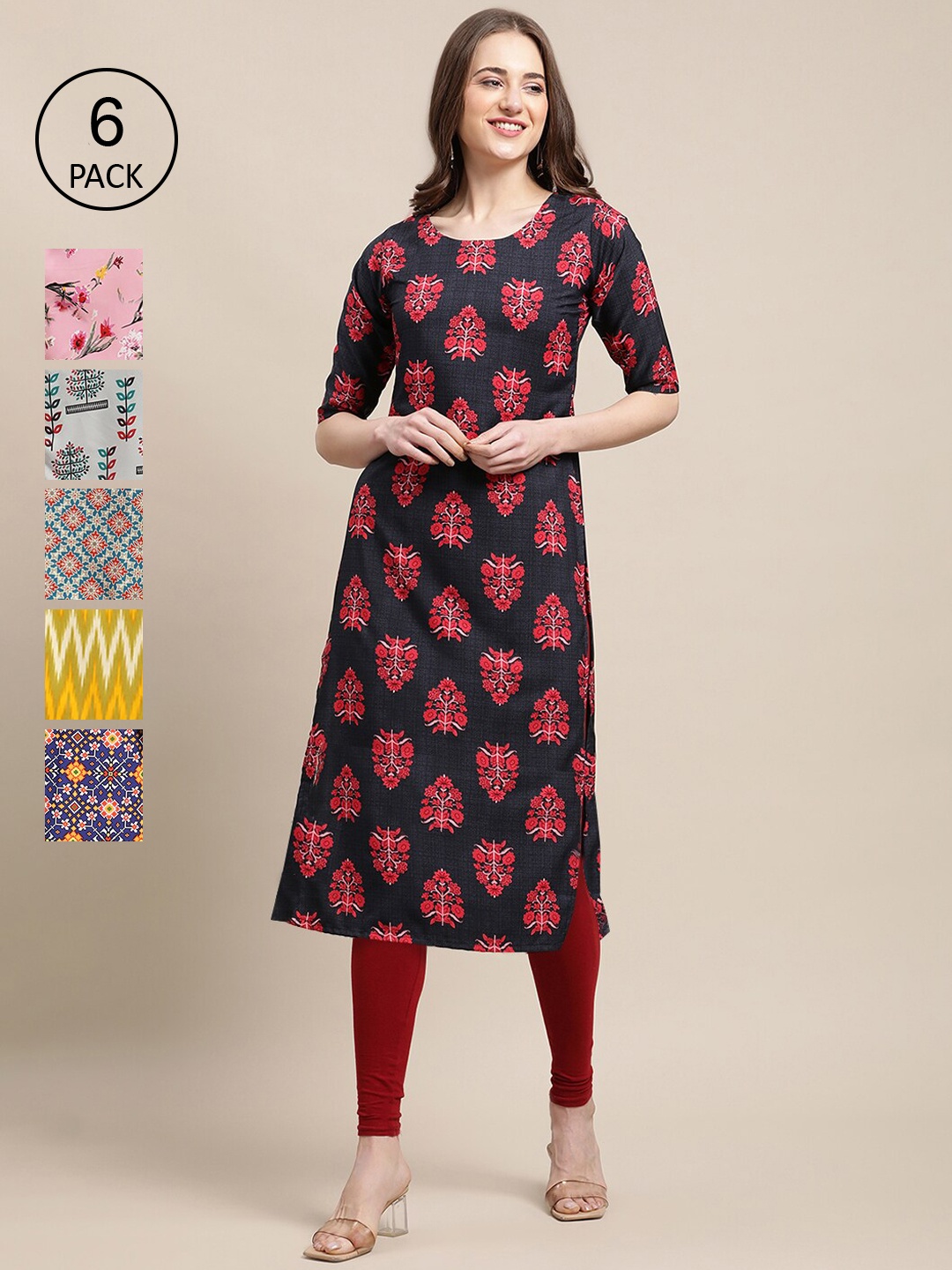 7Threads Pack Of 6 Women Printed Crepe Kurta, Blue