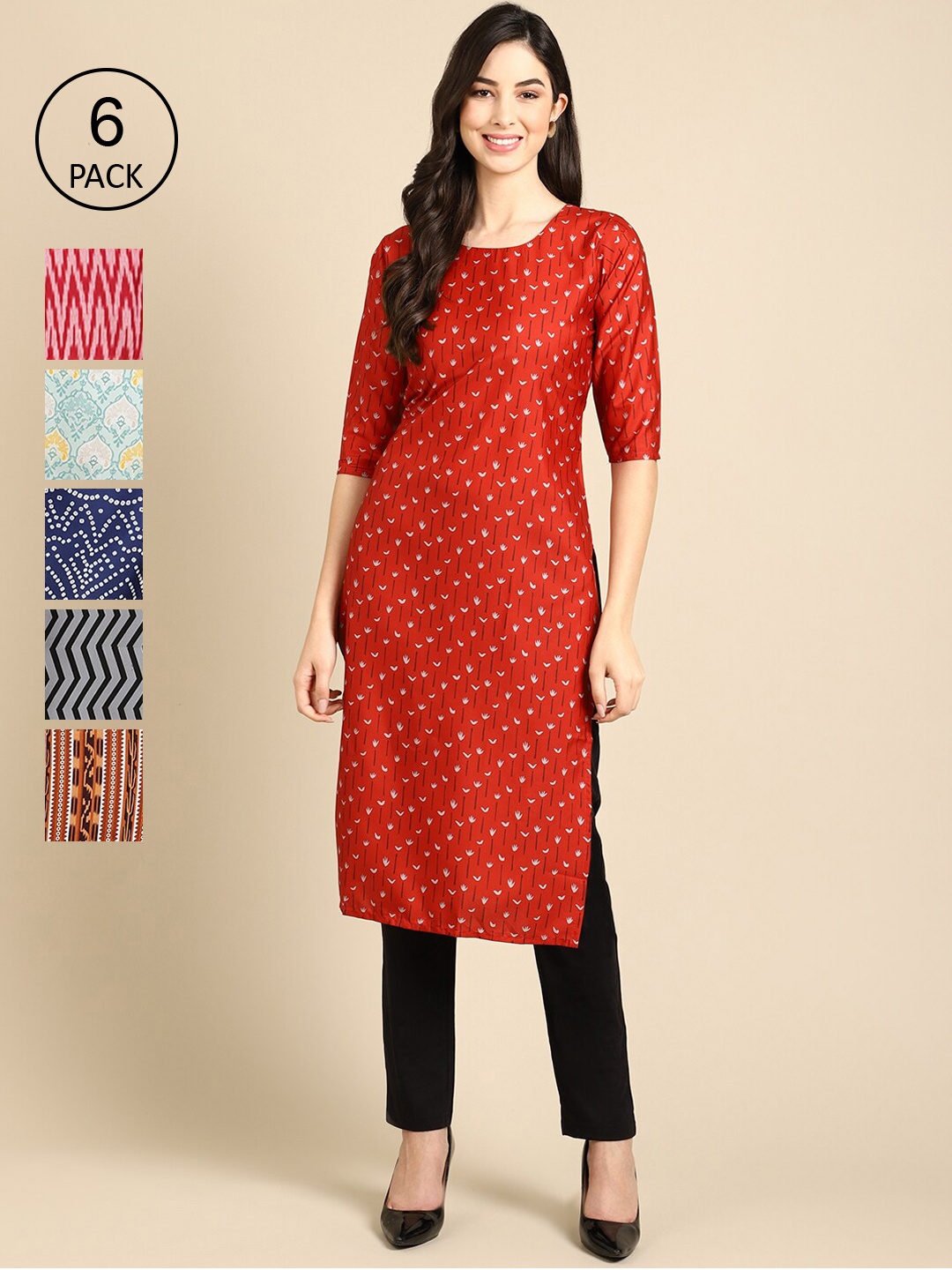 7Threads Pack Of 6 Women Printed Summer Sheers Crepe Kurta, Red