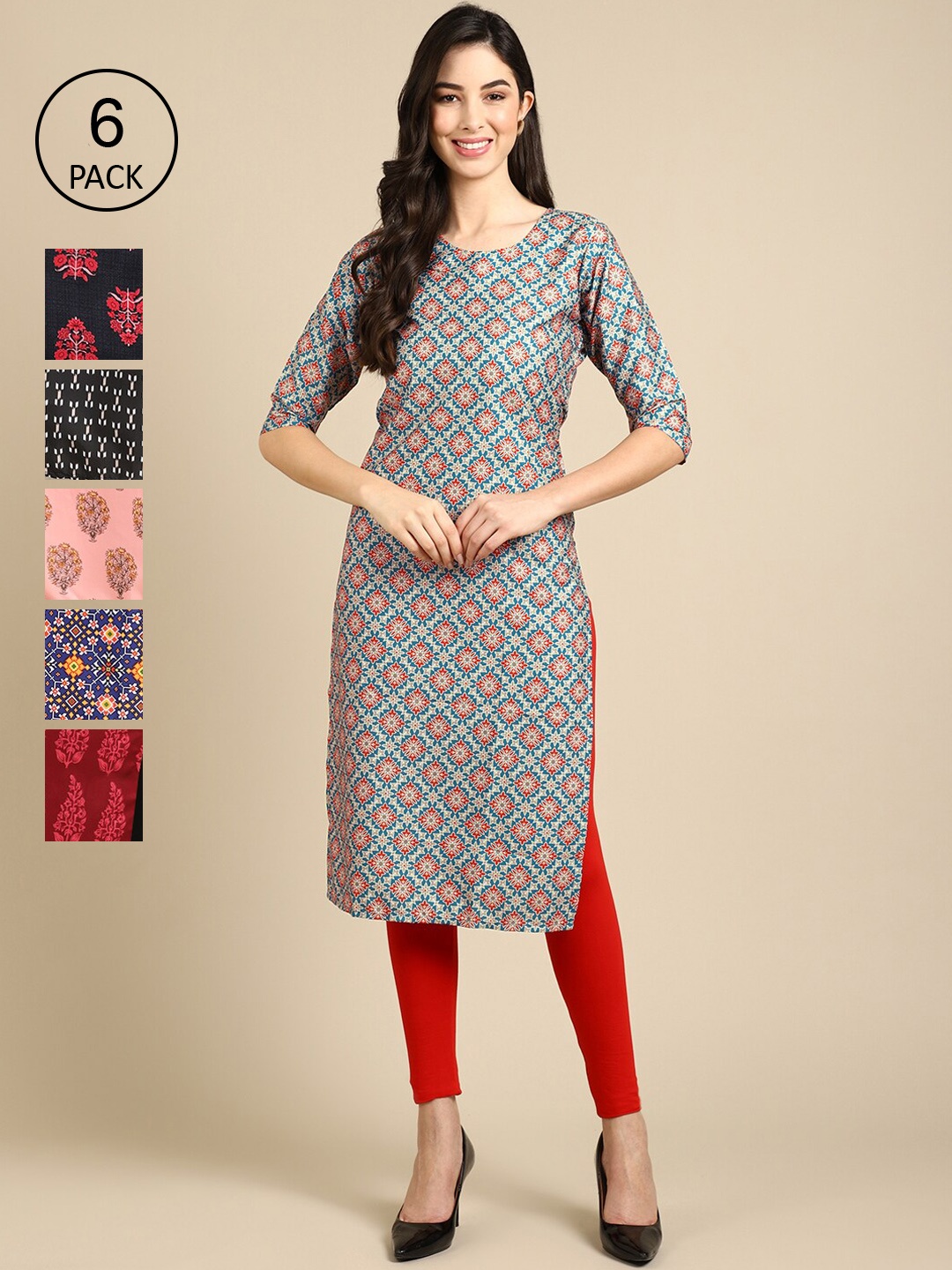 7Threads Women Grey and Black Ethnic Motifs Printed Summer Sheers Crepe Kurta PACK OF 6, Red