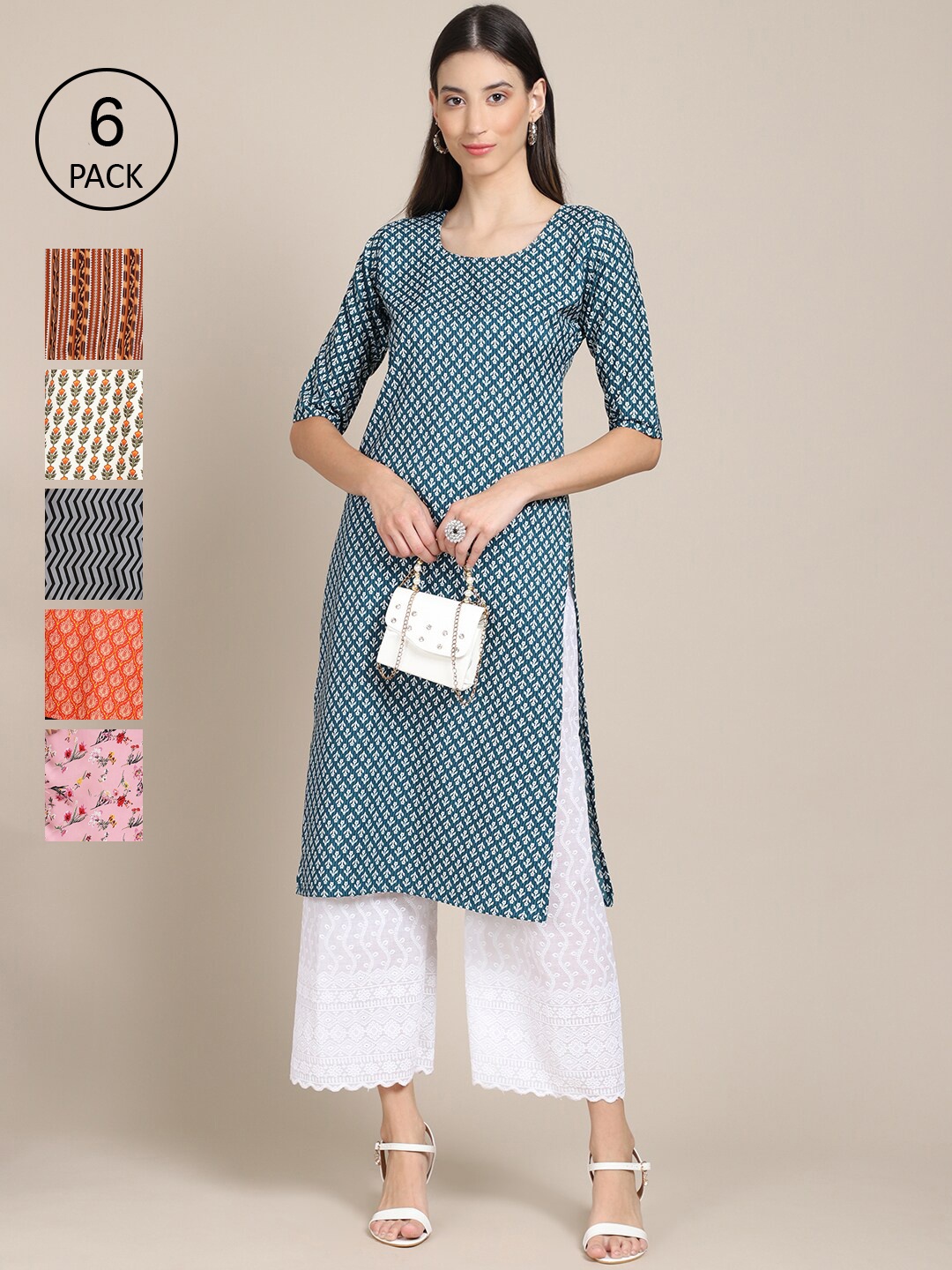 

7Threads Women Blue And Orange Ethnic Motifs Summer Sheers Crepe Kurta