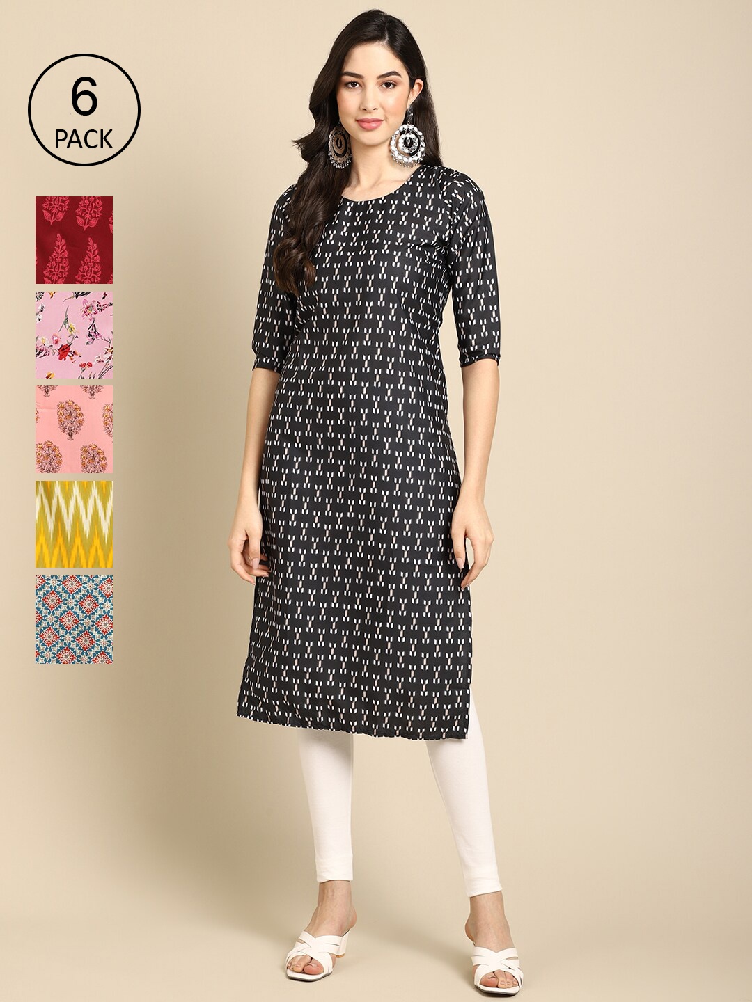 

7Threads Women Set Of 6 Pink & Red Ethnic Motifs Printed Crepe Kurta