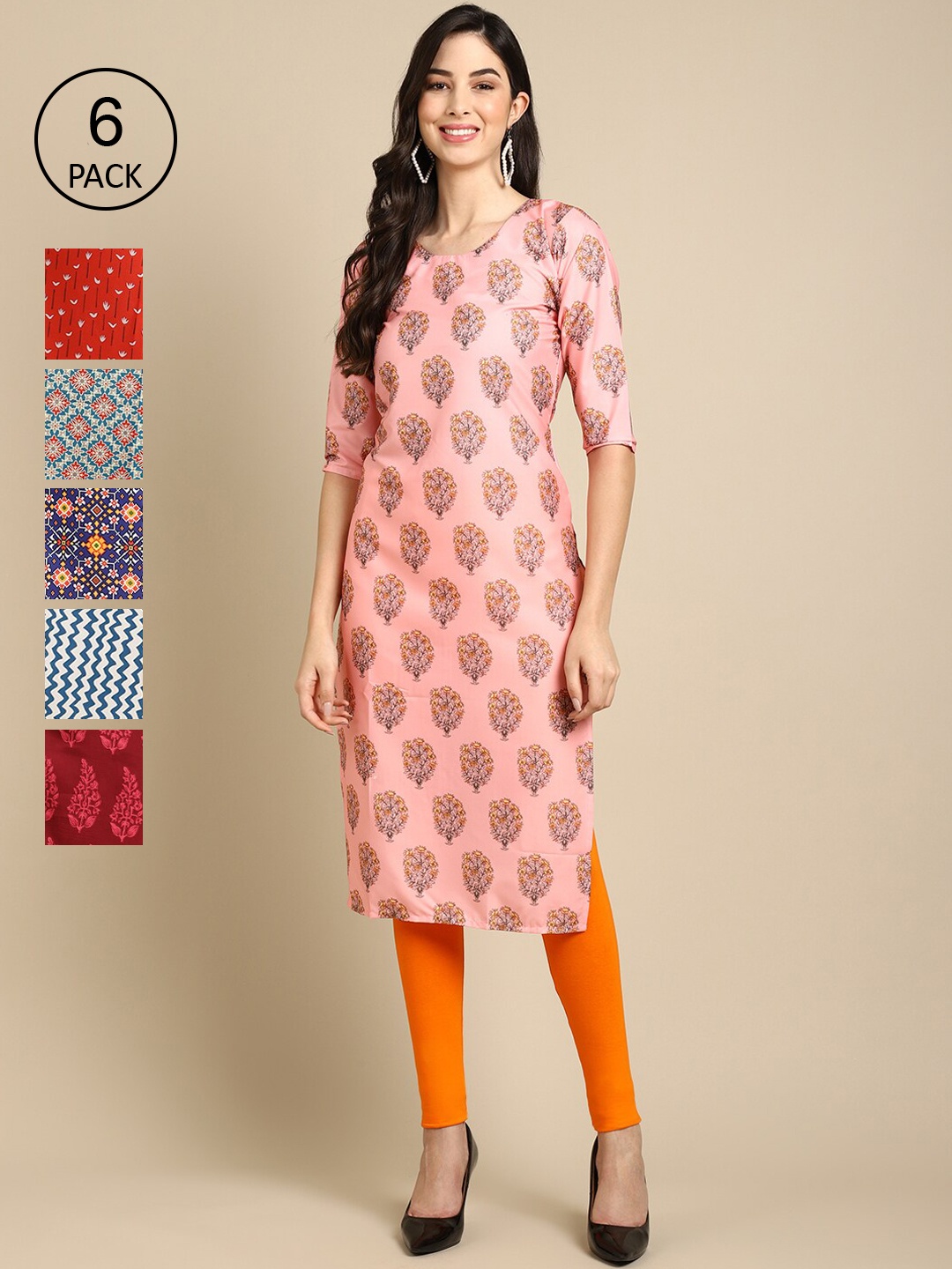 

7Threads Women Set Of 6 Pink & Red Floral Printed Crepe Kurta