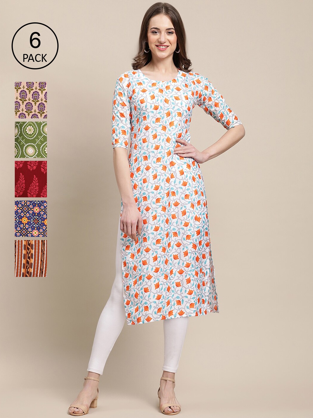 

7Threads Women Set Of 6 White & Green Ethnic Motifs Printed Crepe Kurta