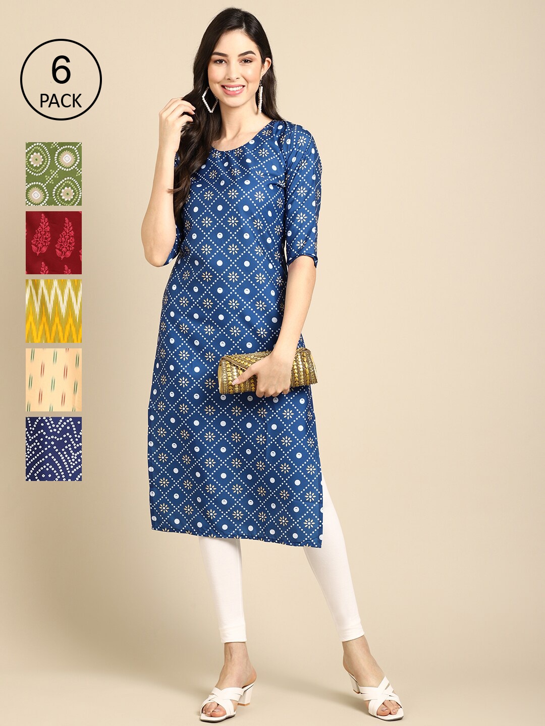 7Threads Women Set Of 6 Blue & Green Ethnic Motifs Printed Crepe Kurta