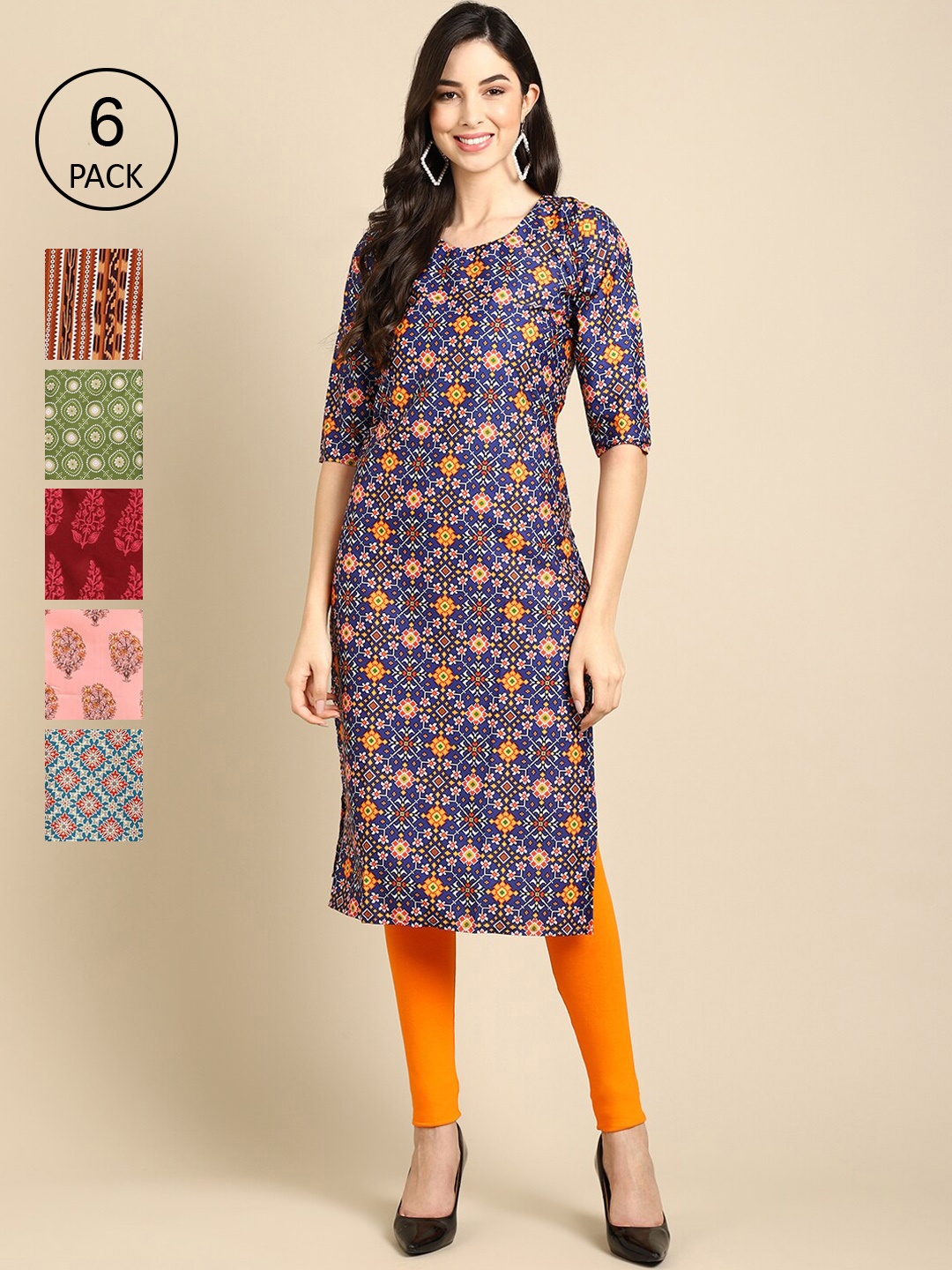 

7Threads Women Set Of 6 Blue & Green Ethnic Motifs Printed Crepe Kurta