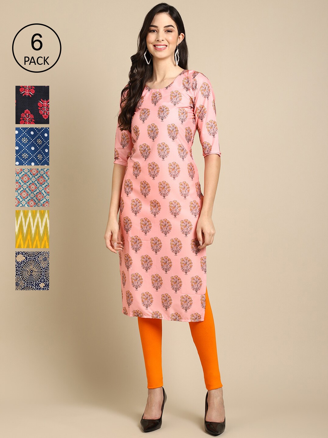

7Threads Women Multicoloured Pack Of 6 Geometric Printed Crepe Kurta, Multi