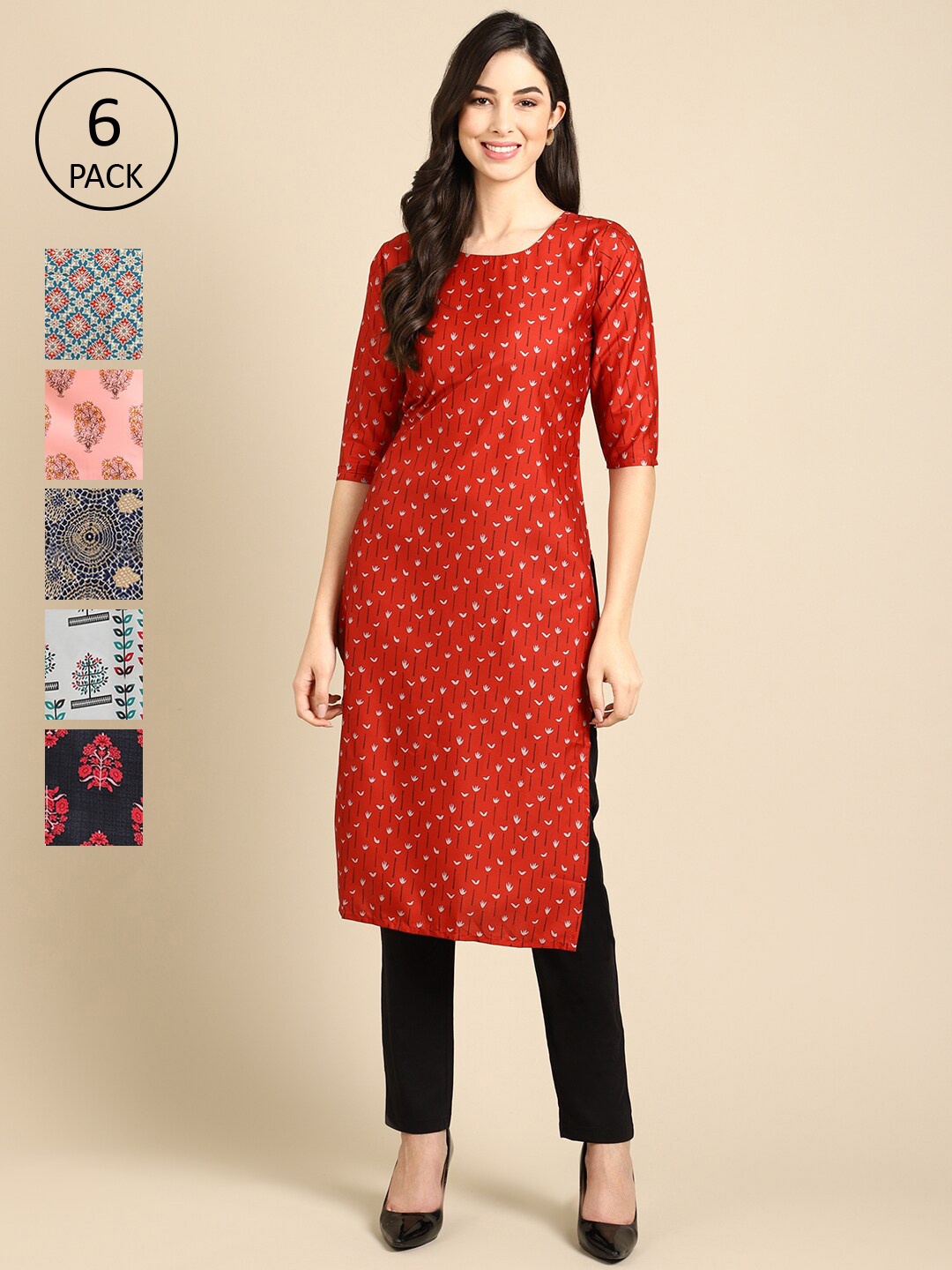 

7Threads Women Multicoloured Pack Of 6 Geometric Printed Crepe Kurta, Multi