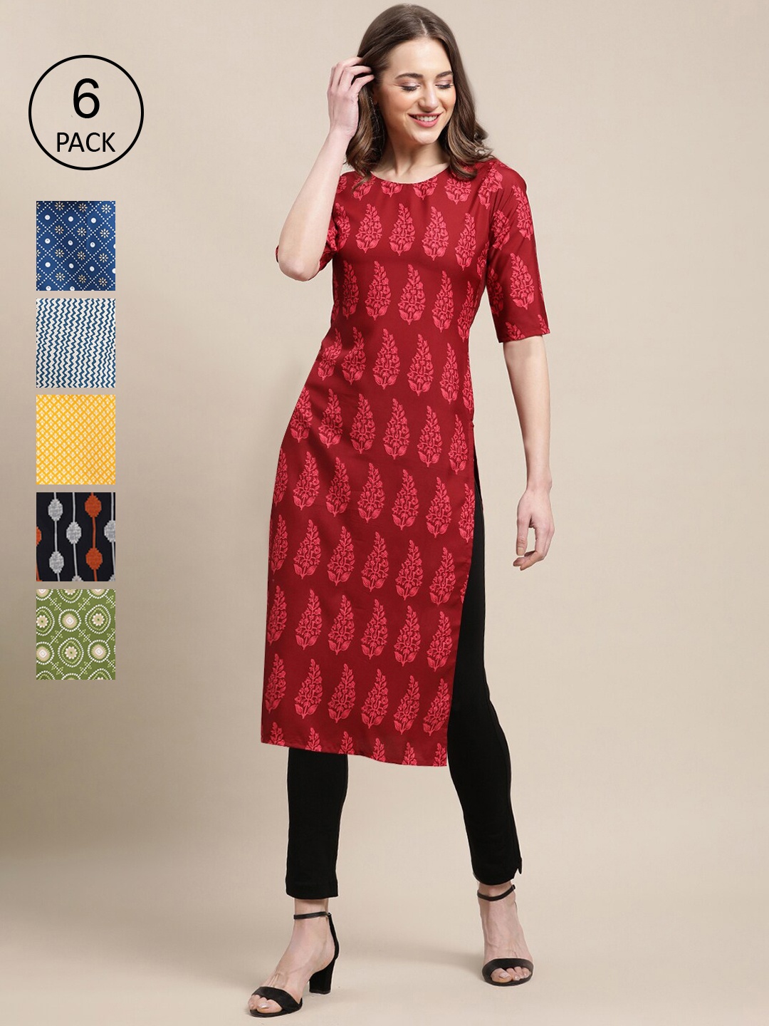 

7Threads Women Pack Of 6 Multicoloured Geometric Printed Crepe Kurta, Multi