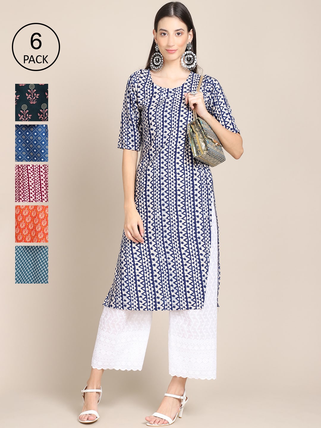 

7Threads Women Pack Of 6 Multicoloured Geometric Printed Crepe Kurta, Multi