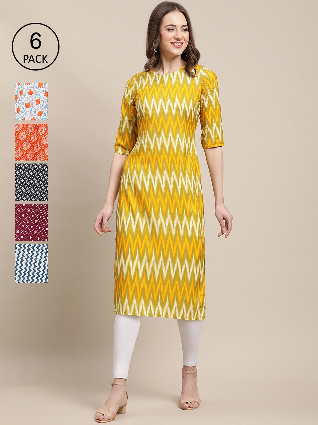 7Threads Women Pack of 6 Digital Printed Crepe Straight Kurtas, Yellow