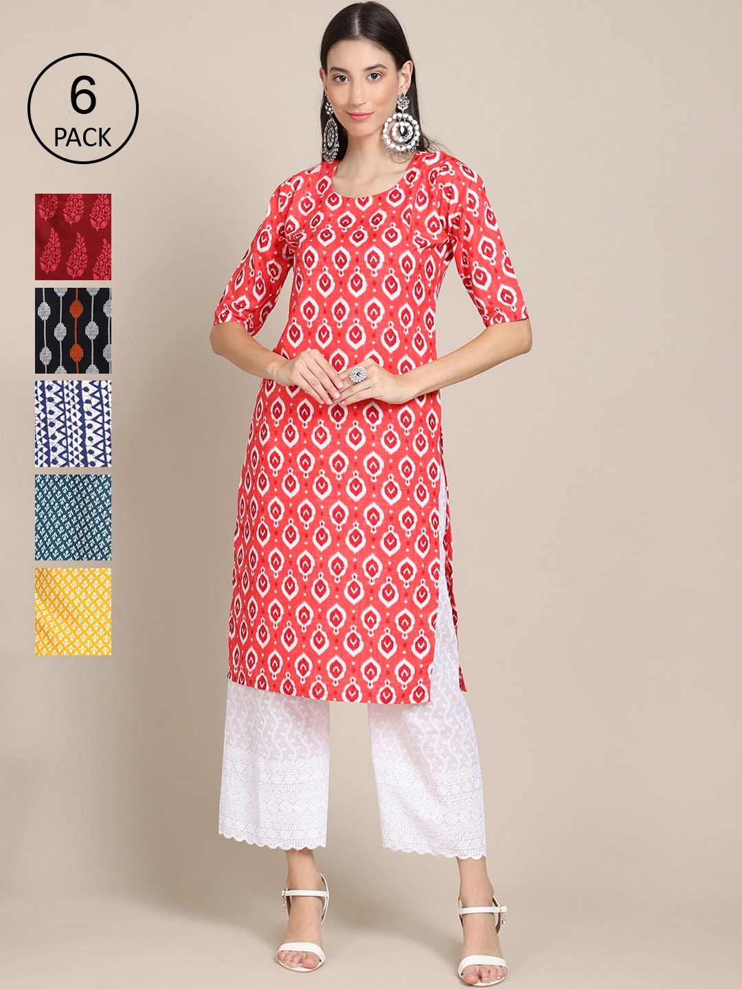 

7Threads Women Pack of 6 Digital Printed Crepe Straight Kurtas, Red