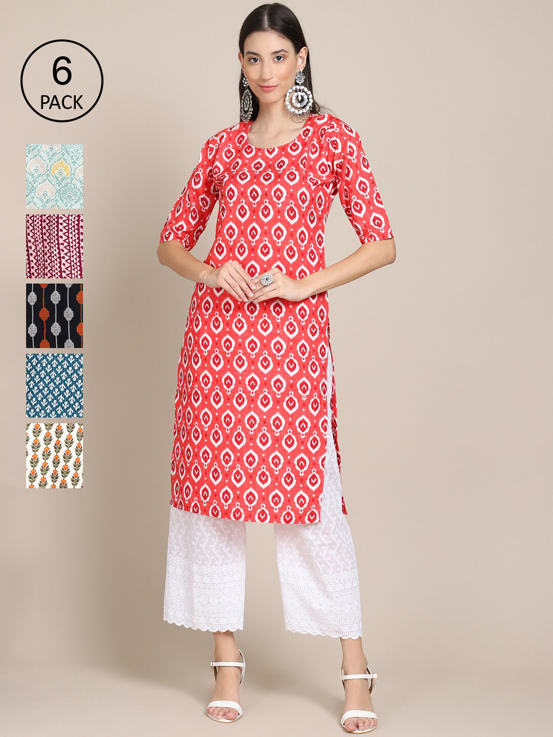 

7Threads Women Pack of 6 Digital Printed Crepe Straight Kurtas, Red