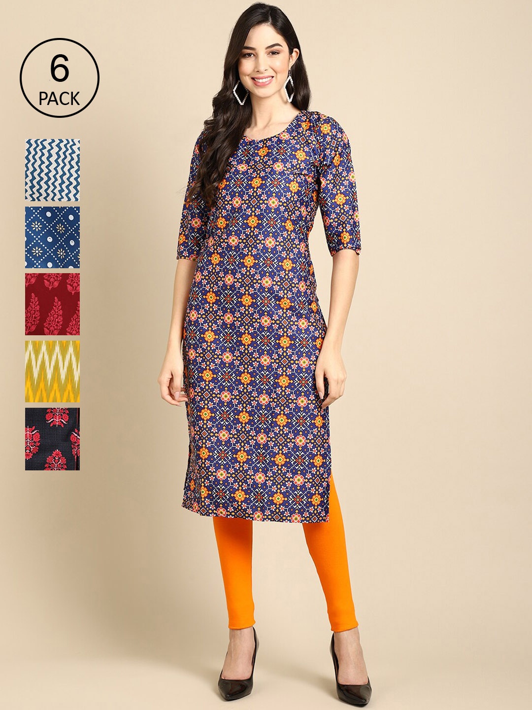 

7Threads Women Set Of 6 Geometric Printed Round Neck Summer Sheers Crepe Kurta, Multi