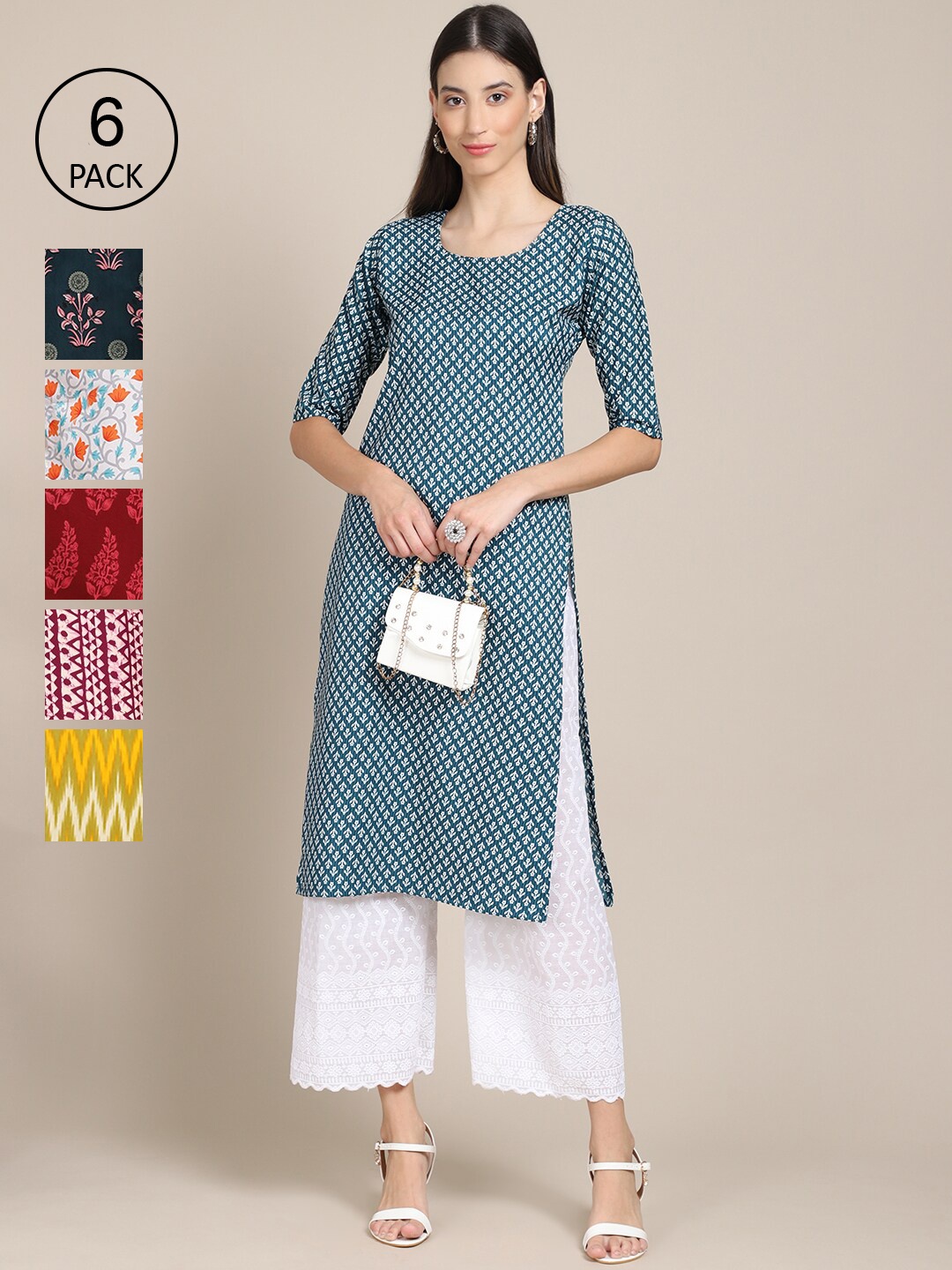

7Threads Women Pack of 6 Summer Sheers Crepe Kurta, Blue