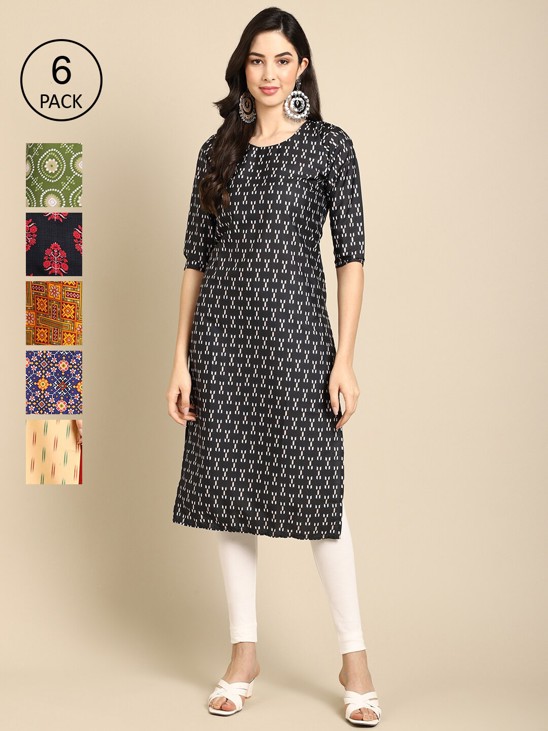 

7Threads Women Set Of 6 Geometric Printed Round Neck Summer Sheers Crepe Kurta, Multi