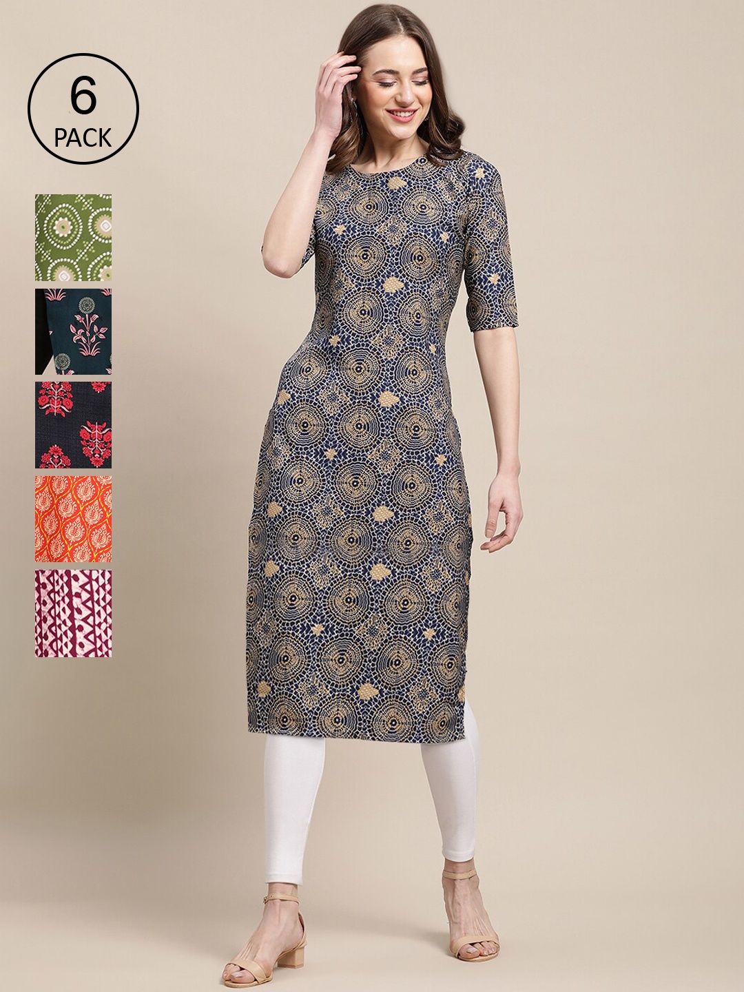 

7Threads Women Pack Of 6 Printed Summer Sheers Crepe Kurta, Green