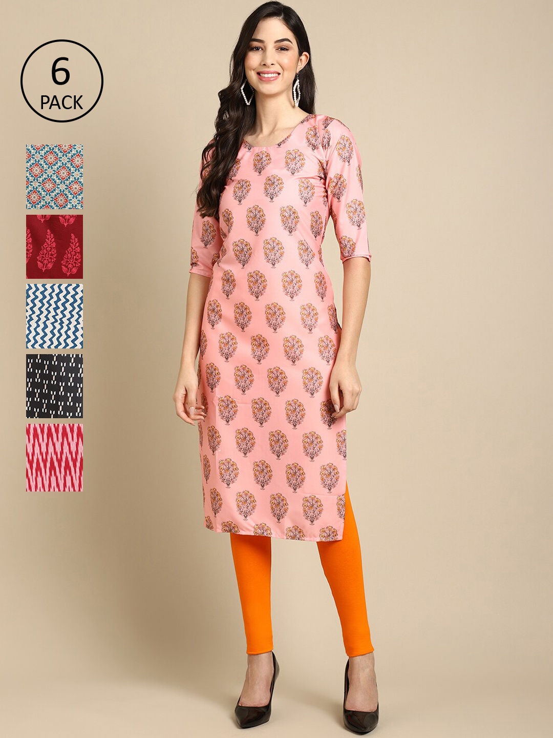 7Threads Women Pack Of 6 Printed Summer Sheers Crepe Kurta, Red