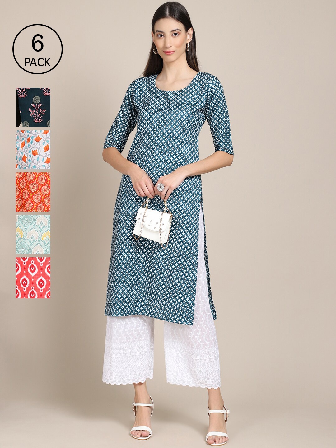 

7Threads Women Pack Of 6 Printed Summer Sheers Crepe Kurta, Olive