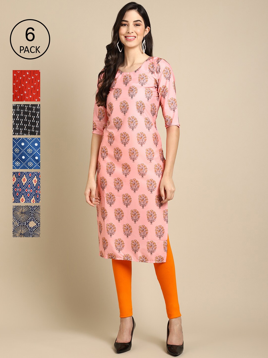

7Threads Women Pack Of 6 Printed Summer Sheers Crepe Kurta, Pink