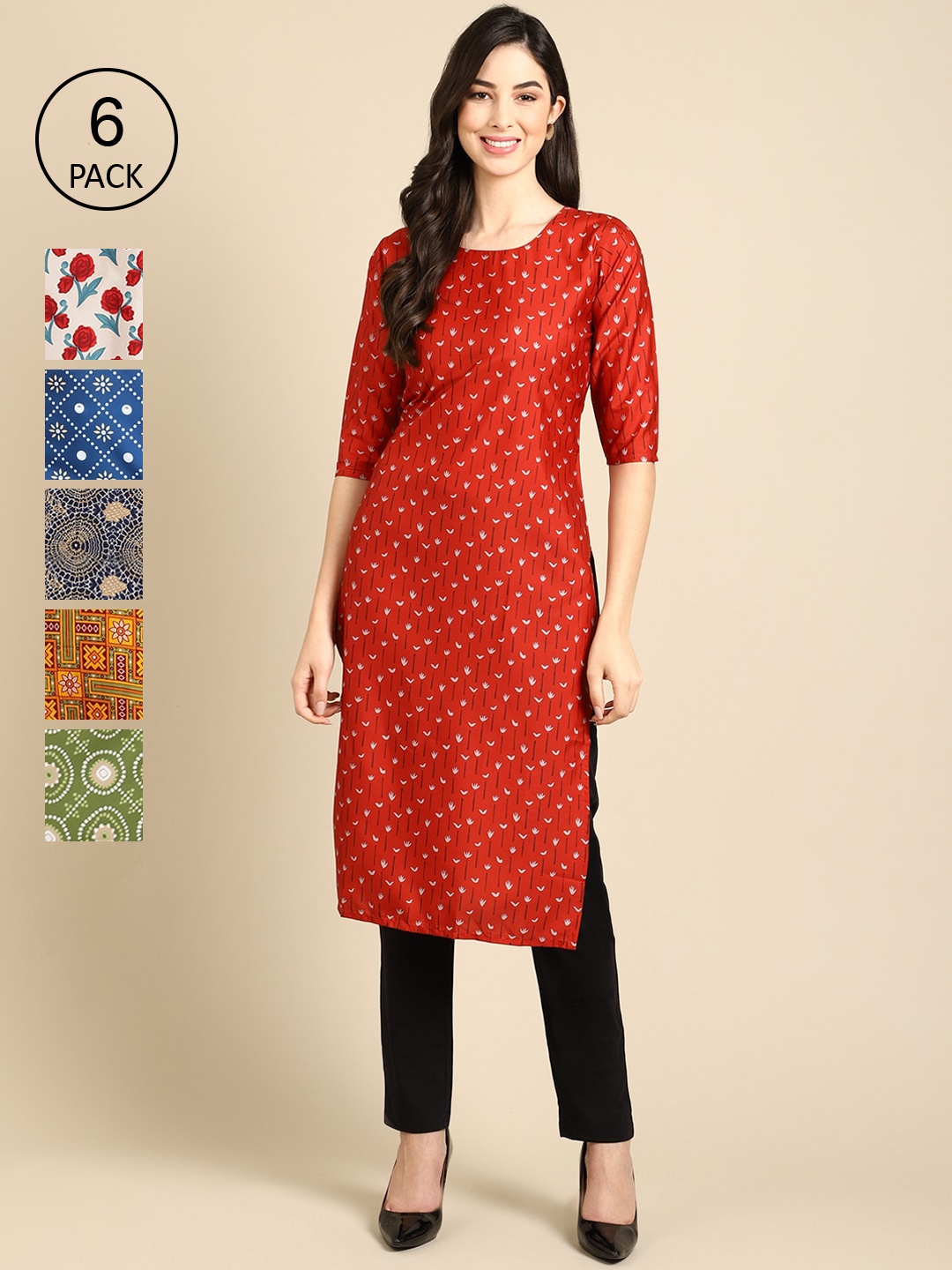 

7Threads Women Pack Of 6 Geometric Printed Block Print Crepe Kurta, Red