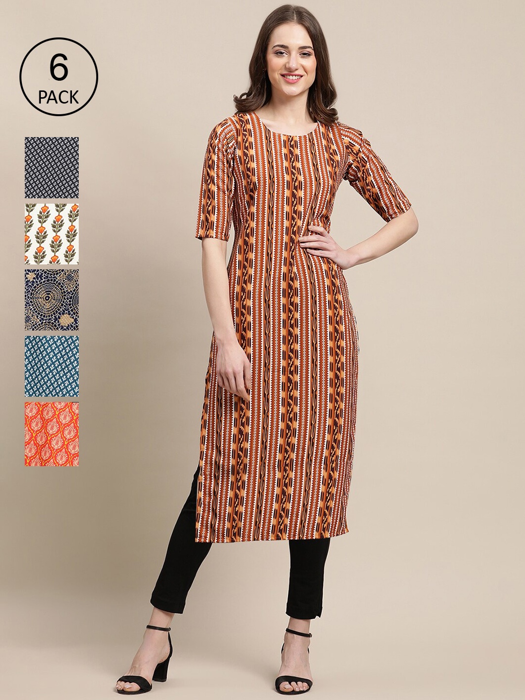 

7Threads Women Pack Of 6 Geometric Printed Block Print Crepe Kurta, Maroon