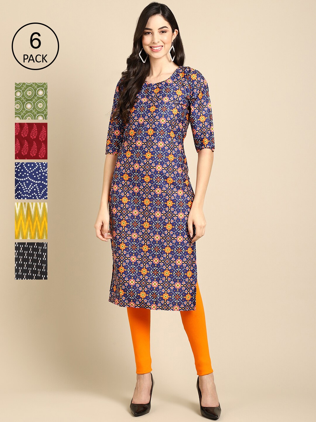 

7Threads Women Pack Of 6 Geometric Printed Block Print Crepe Kurta, Blue