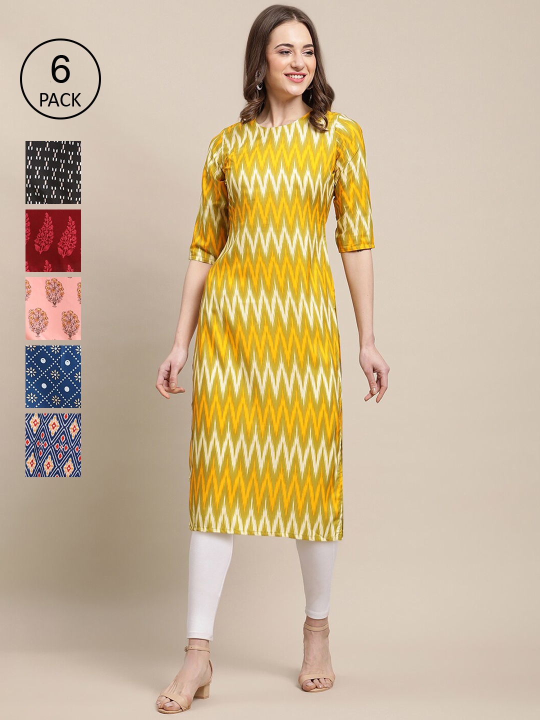 

7Threads Women Pack Of 6 Geometric Printed Block Print Crepe Kurta, Yellow