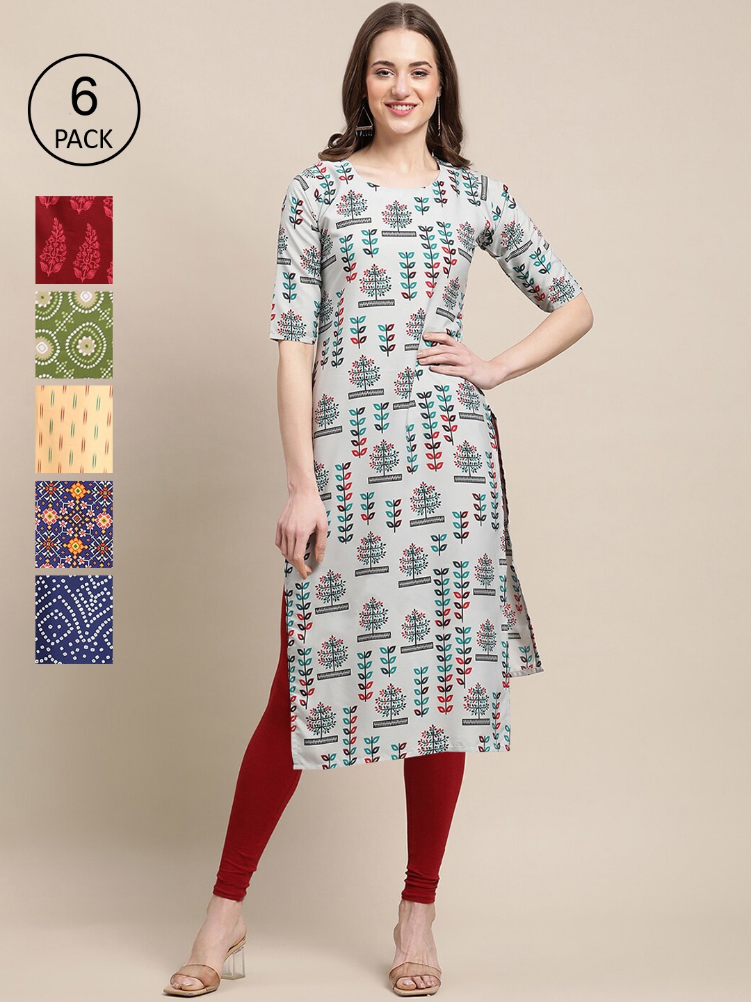 

7Threads Women Grey & Green Pack Of 6 Ethnic Motifs Printed Crepe Kurtas
