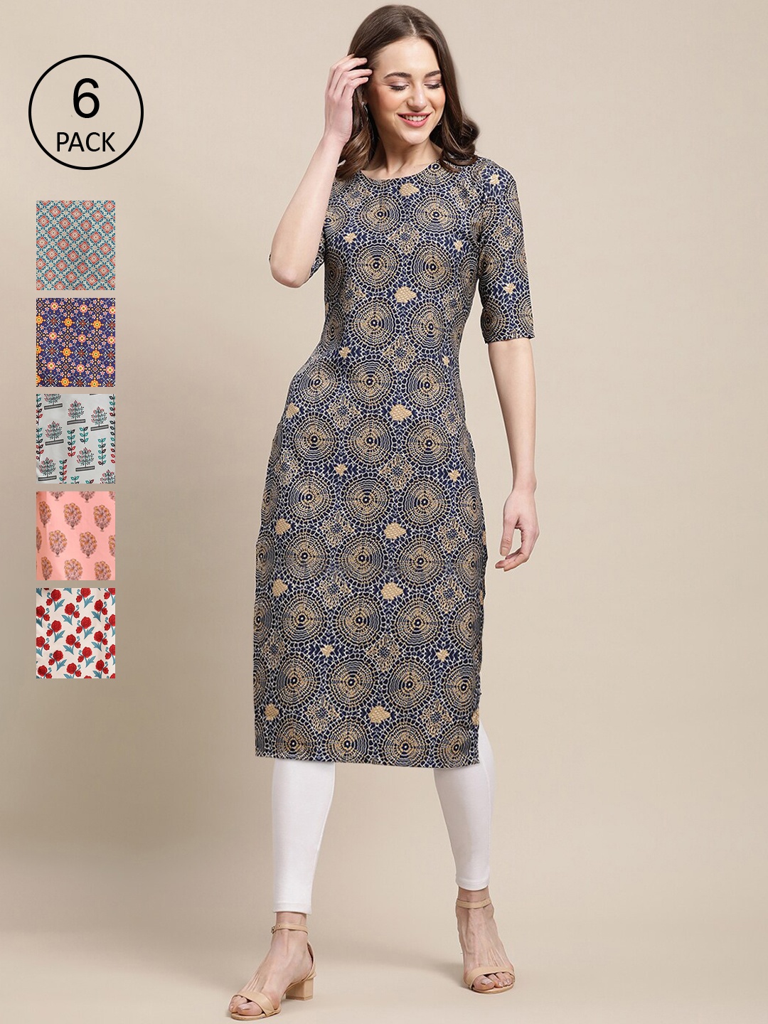 

7Threads Women Beige & Yellow Pack Of 6 Floral Printed Crepe Kurtas