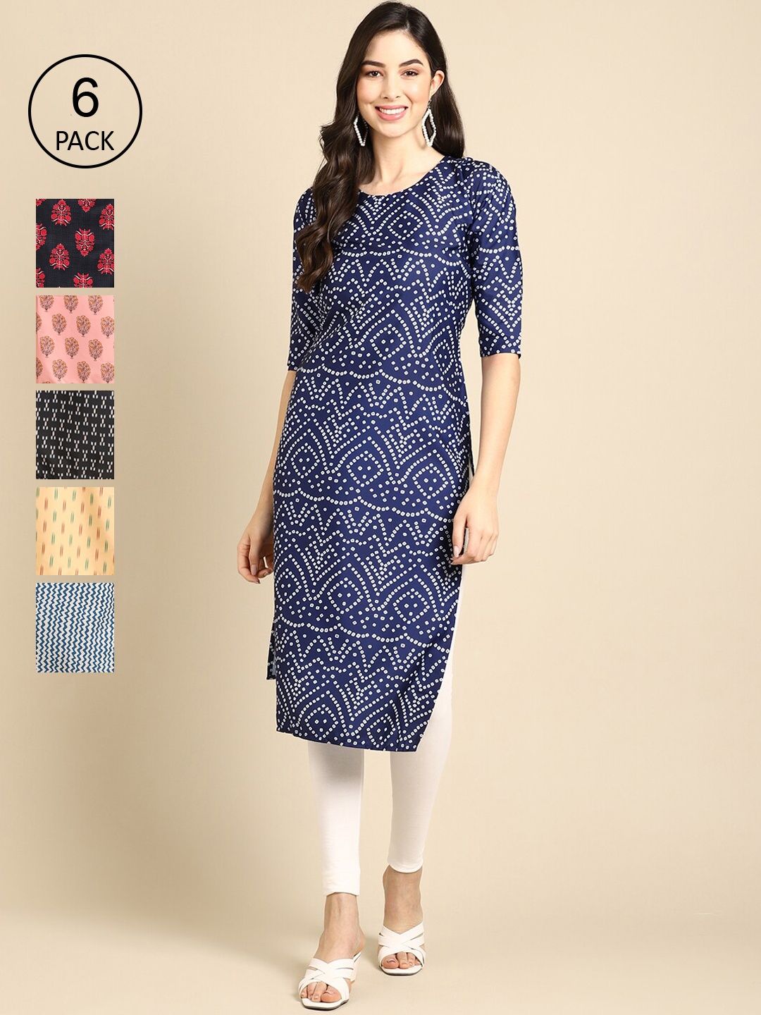 

7Threads Women Blue & Red Pack Of 6 Geometric Printed Crepe Kurtas